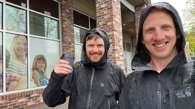 Customer service - Ben and Dan on a coffee walk